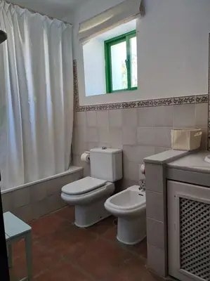 a bathroom with a toilet and a sink and a window at Casa de campo - Cortijo El Palomar in Alcántara