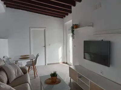 a living room with a couch and a tv on a wall at Apartamento Peonía in Jerez de la Frontera