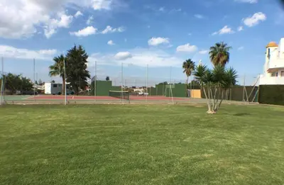 a tennis court with palm trees in a field at APART CLUB LABARROSA in Chiclana de la Frontera