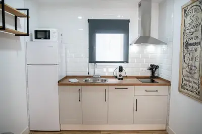 a kitchen with a sink and a white refrigerator at Apartamentos Milord in El Puerto de Santa María
