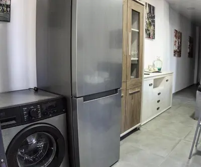 a kitchen with a refrigerator and a washing machine at Apartamento Vistas de Doñana in Sanlúcar de Barrameda