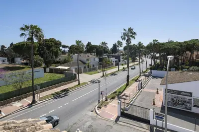 an empty city street with palm trees and a road at Los Jandalos in El Puerto de Santa María