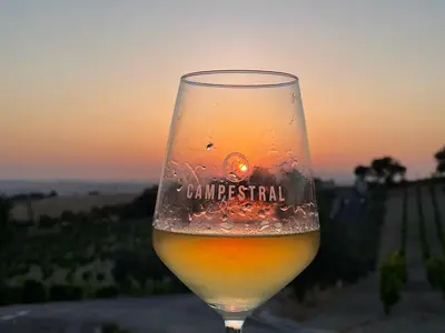 a glass of wine with the sunset in the background at Hotel Bodegas Campestral in Arcos de la Frontera