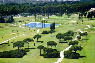 an aerial view of a park with trees and a pool at Villanueva Golf- Cozy 2 Bedrooms -Puerto Real, Cádiz in Puerto Real