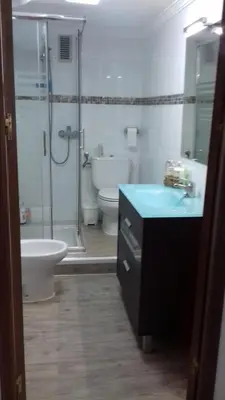 a bathroom with a shower and a sink and a toilet at Wehostcostaluz -Apartamento El Parador in El Puerto de Santa María