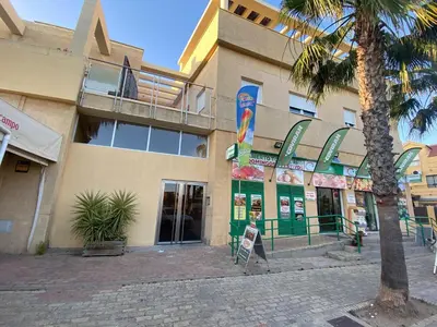 a building with a palm tree in front of it at Apartamento primera linea de playa reformado en Las Redes in El Puerto de Santa María