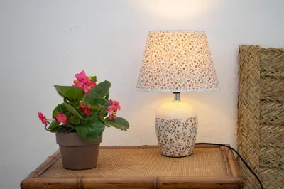 a lamp and a potted plant on a table at La Casa 1832 Boutique in Sanlúcar de Barrameda
