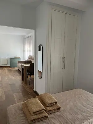 a bedroom with a bed and a mirror and a bed at Casa Vladimir in Arcos de la Frontera