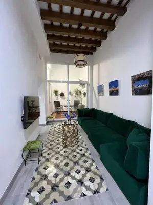 a living room with a green couch and a tv at APARTAMENTO VEEDOR BUENAS COMPAÑIAS in Cádiz