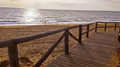 a wooden boardwalk on the beach with a person in the ocean at Apartamento Dunas Candor - Ole Solutions in Rota