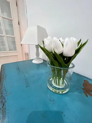 a vase of white flowers sitting on a table at GATU PREMIUM Villa Turquesa Playa y Parking in Cádiz