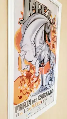 a poster of a white horse on a wall at Casa Dionisio - Súper central y tranquilo con terraza y parking in Jerez de la Frontera