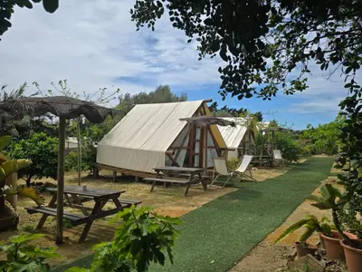 a garden with a yurt and a table and chairs at Boho Glamping en Complejo Rural el Mayorazgo in Cádiz