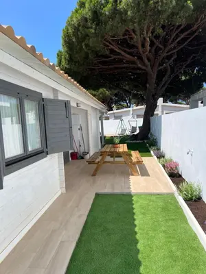 a patio with a picnic table and a tree at La casita del sopapo in Chiclana de la Frontera