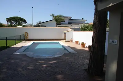 a swimming pool in a backyard with a tree at Moderno y amplio chalet, con piscina privada in Chiclana de la Frontera