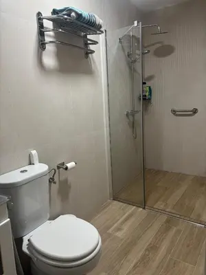a bathroom with a toilet and a glass shower at LAS 7 ESQUINAS in El Puerto de Santa María