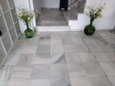 two vases sitting on a tile floor with flowers in them at Casa con piscina privada in El Puerto de Santa María