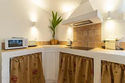 a kitchen with a counter top with a microwave at Ático La Casa Rosa - Parking opcional in Jerez de la Frontera