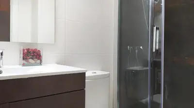 a bathroom with a toilet and a sink and a shower at Sherryflat Arroyo in Jerez de la Frontera