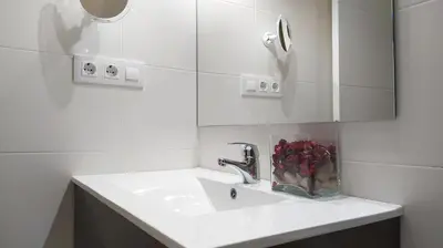 a bathroom sink with a vase of flowers on it at Sherryflat Arroyo in Jerez de la Frontera