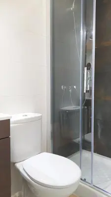 a bathroom with a toilet and a glass shower at Sherryflat Arroyo in Jerez de la Frontera