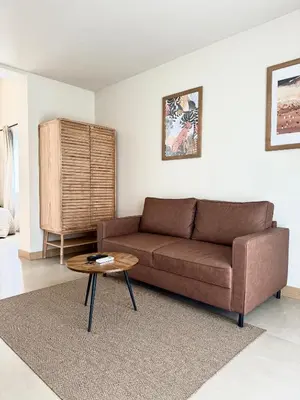 a living room with a brown couch and a coffee table at Alojamiento rural FINCA AZUCENA SUITE only adults in Conil de la Frontera