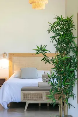 a bedroom with a bed with two potted plants at Alojamiento rural FINCA AZUCENA SUITE only adults in Conil de la Frontera