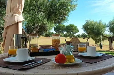 a table with plates of food and drinks on it at Casa Los Olivos in Arcos de la Frontera