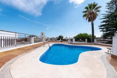 a swimming pool with a palm tree in the background at Casa San Lucas - Corazón del Casco Histórico con piscina y parking in Jerez de la Frontera