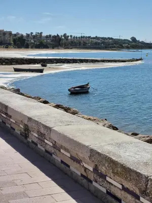a small boat in the water next to a beach at Apartamento Parque Bahía in Puerto Real
