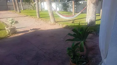 a porch with a hammock in a yard at La Morena 68 in Chiclana de la Frontera