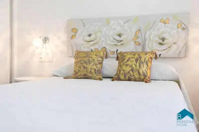 a bedroom with a white bed with two pillows at Bisonte C in Chiclana de la Frontera