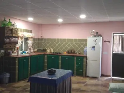 a kitchen with green cabinets and a white refrigerator at Almajar 4 in El Puerto de Santa María