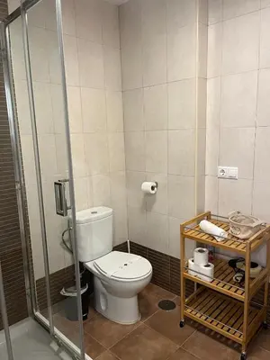 a bathroom with a toilet and a glass shower stall at Gades de la Caleta con Terraza Grupo AC Gestion in Cádiz
