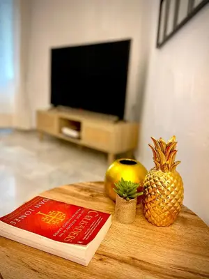 a table with a book and a pineapple and a television at Casa Castelar in Rota