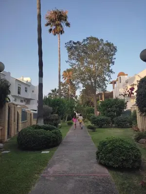 two people walking down a sidewalk near some palm trees at APARTAMENTO SEGUNDA PLANTA in Chiclana de la Frontera