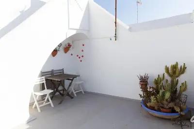 a dining room with a table and chairs and cactus at Columela by Gades Gestión in Cádiz