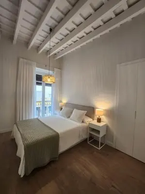 a bedroom with a large white bed and a window at Apartamento Ancha 3 in Sanlúcar de Barrameda