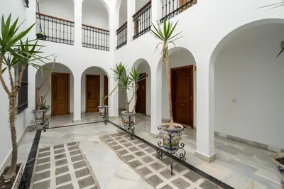 a courtyard with potted plants in a building at Apartoyou - Polvorista Puerto in El Puerto de Santa María