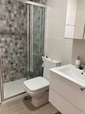 a bathroom with a toilet and a shower and a sink at Apartamento Rota Progreso 5 in Rota