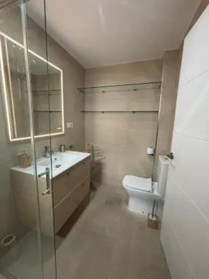 a bathroom with a toilet and a sink and a shower at RESIDENCIAL EN BAJO DE GUIA in Sanlúcar de Barrameda