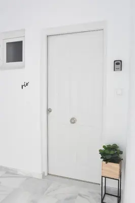 a room with white doors and a plant on a table at CAPILLITA XXI APARTAMENTOS in Sanlúcar de Barrameda