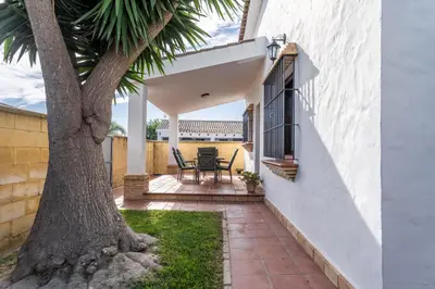 a patio with a palm tree next to a house at EntreCalas 3 chalet piscina privada Conil, Roche Viejo, Cala del Aceite in Conil de la Frontera