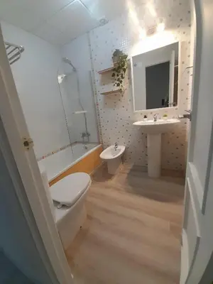 a bathroom with a toilet and a sink and a mirror at Apartamento Marisma del Guadalquivir in Sanlúcar de Barrameda