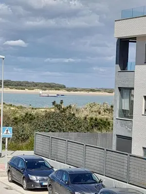 two cars parked in a parking lot next to a beach at Apartamento Marisma del Guadalquivir in Sanlúcar de Barrameda