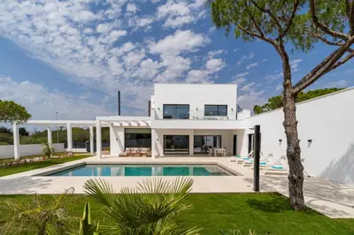 a white house with a swimming pool and a tree at ALBA SEA VILLA in Chiclana de la Frontera