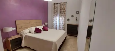 a bedroom with a bed and a purple wall at El piso de Manuel in Sanlúcar de Barrameda