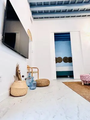 a living room with two wicker chairs and a tv at inncadiz Casa Los Balbos in Cádiz