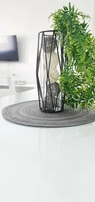 a glass vase sitting on a table with a plant at Apartamento Plaza Calzada 3 in Sanlúcar de Barrameda