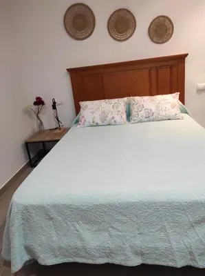 a bedroom with a white bed with a wooden headboard and pillows at Arco Centro Cádiz in Cádiz